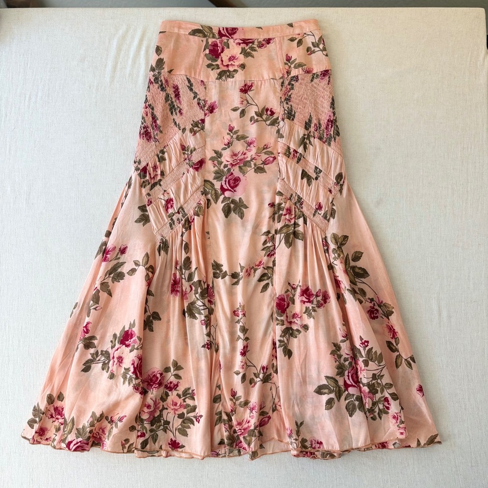 Free People Rowan Maxi Skirt Fairycore 6 Peach Pink Floral Boho Smocked Panel - Picture 11 of 13